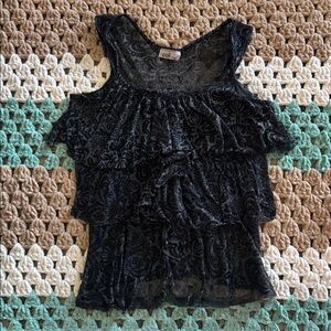 Black Gray Paisley Ruffle Mesh Sheer Tank Top Blouse Shirt Womans sz Medium